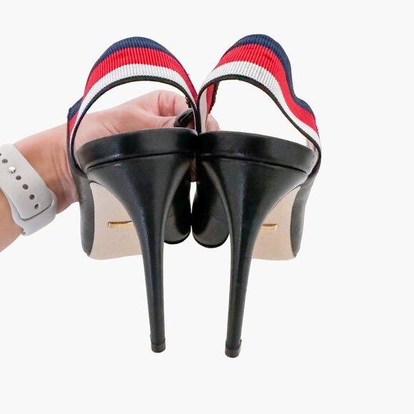Gucci Sylvie Web Stripe Slingback Pumps EU 37 US 7 Black Pointed Toe High Heels - Picture 7 of 14